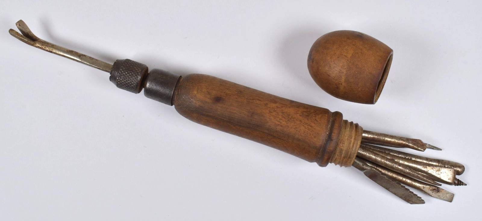 Antique Vtg Wood Handle Screw Driver Multi-Tool with Storage & 8 Bits