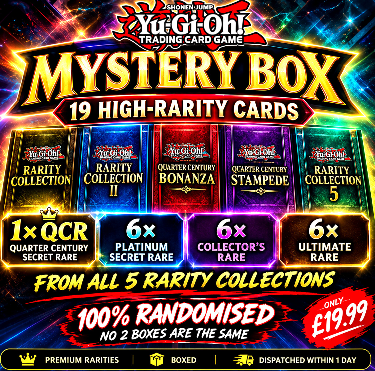 YuGiOh 19x High Rarity Mystery Box 1x QCR 6x Platinum 6x Collector\'s 6x Ultimate