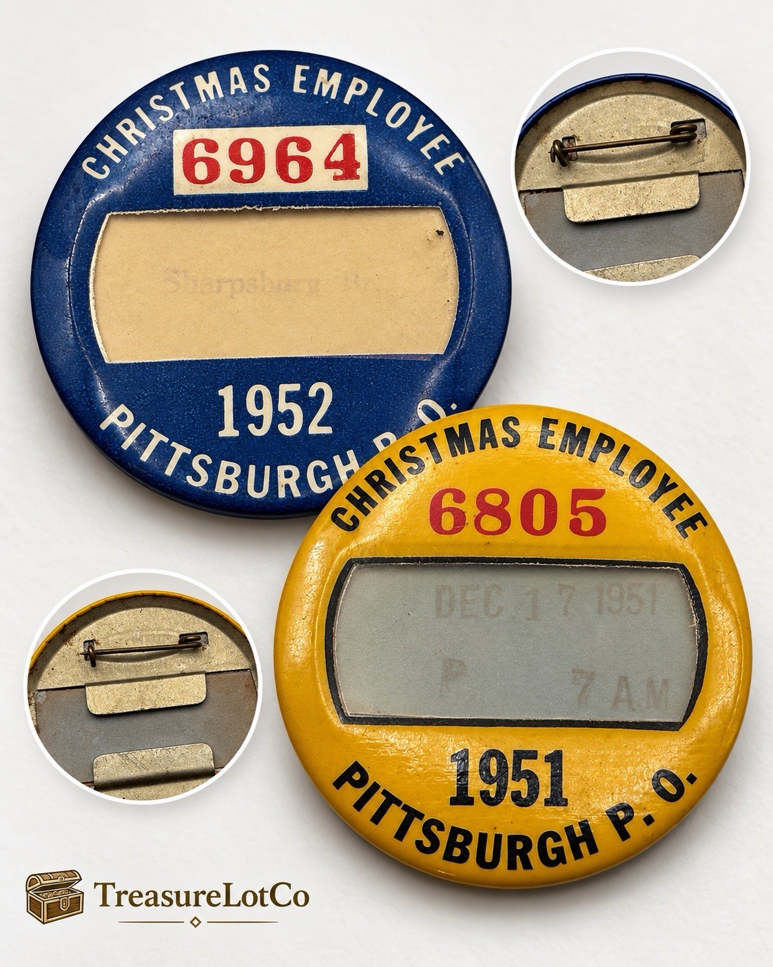 Lot of 2 Vintage Pittsburgh P.O. Christmas Employee Pinback Buttons 1951 & 1952