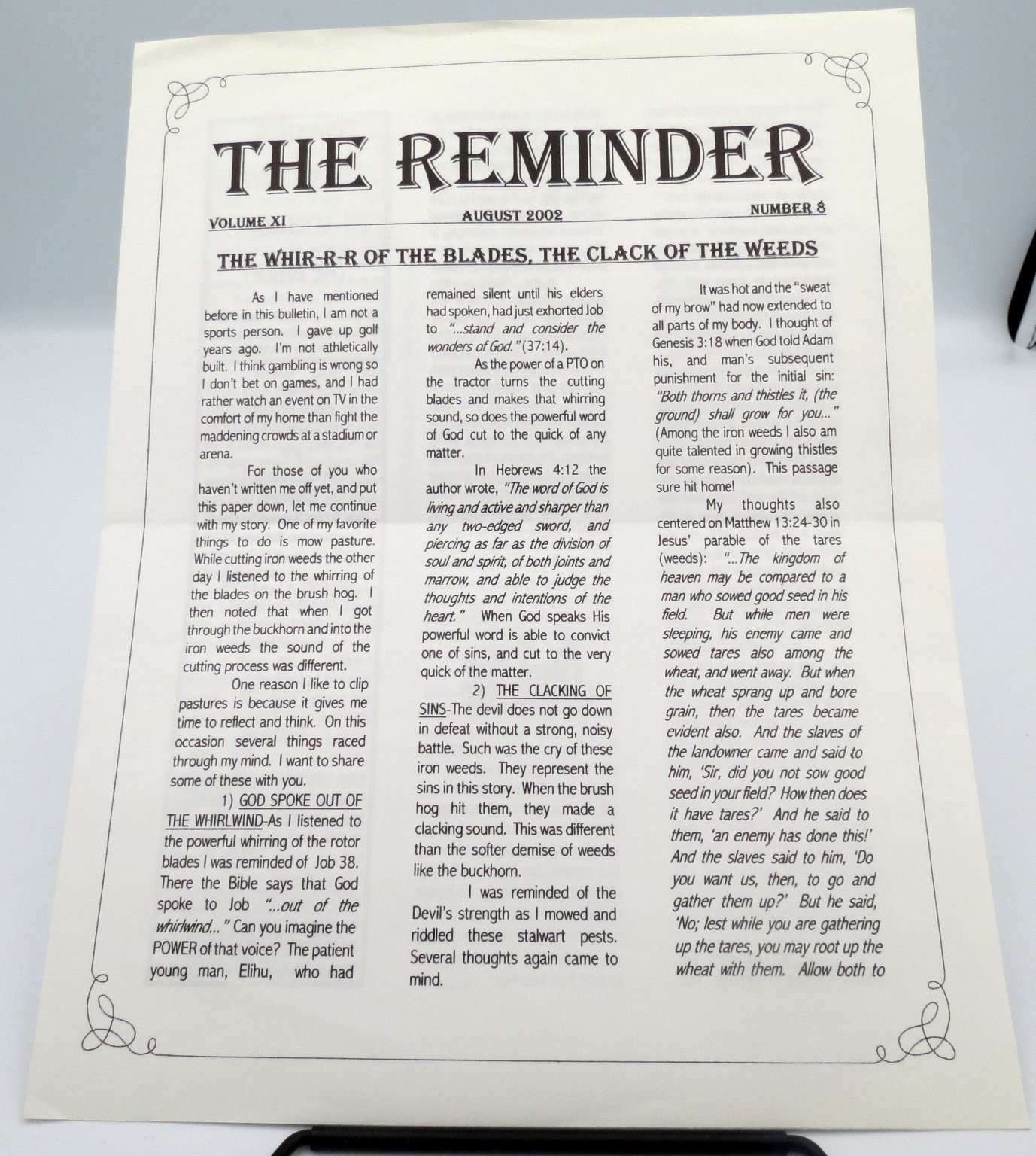 The Reminder August 2002 Religious Bulletin Volume XI Number 8 Ephemera