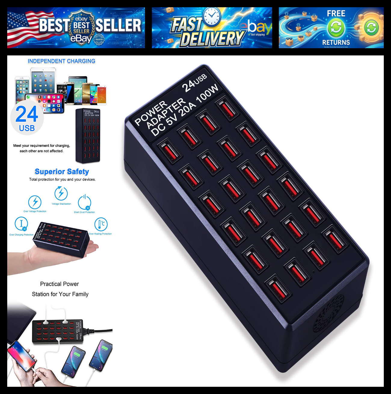 24-Port 100 watt (20 A) USB Charging Station, Home Desktop Fast Charger, Multipl