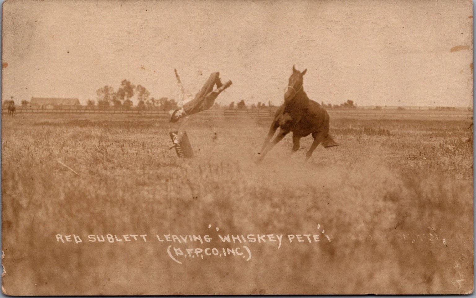 RPPC Red Sublett Leaving Whiskey Pete Bucking Bronco Cowboy Rodeo Postcard
