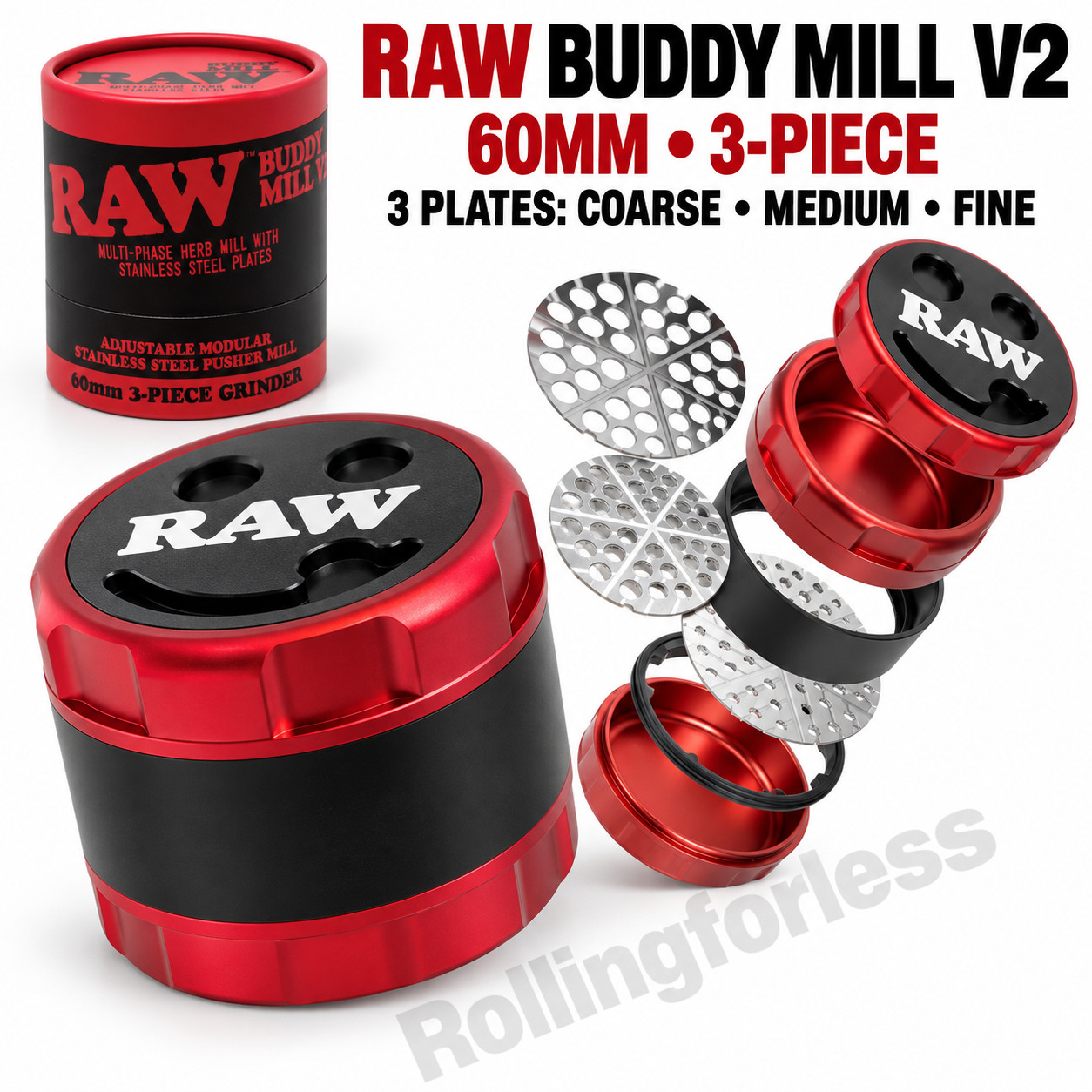RAW Buddy Mill V2 60mm 3-Piece Grinder 3 Stainless Steel Plates Red Black