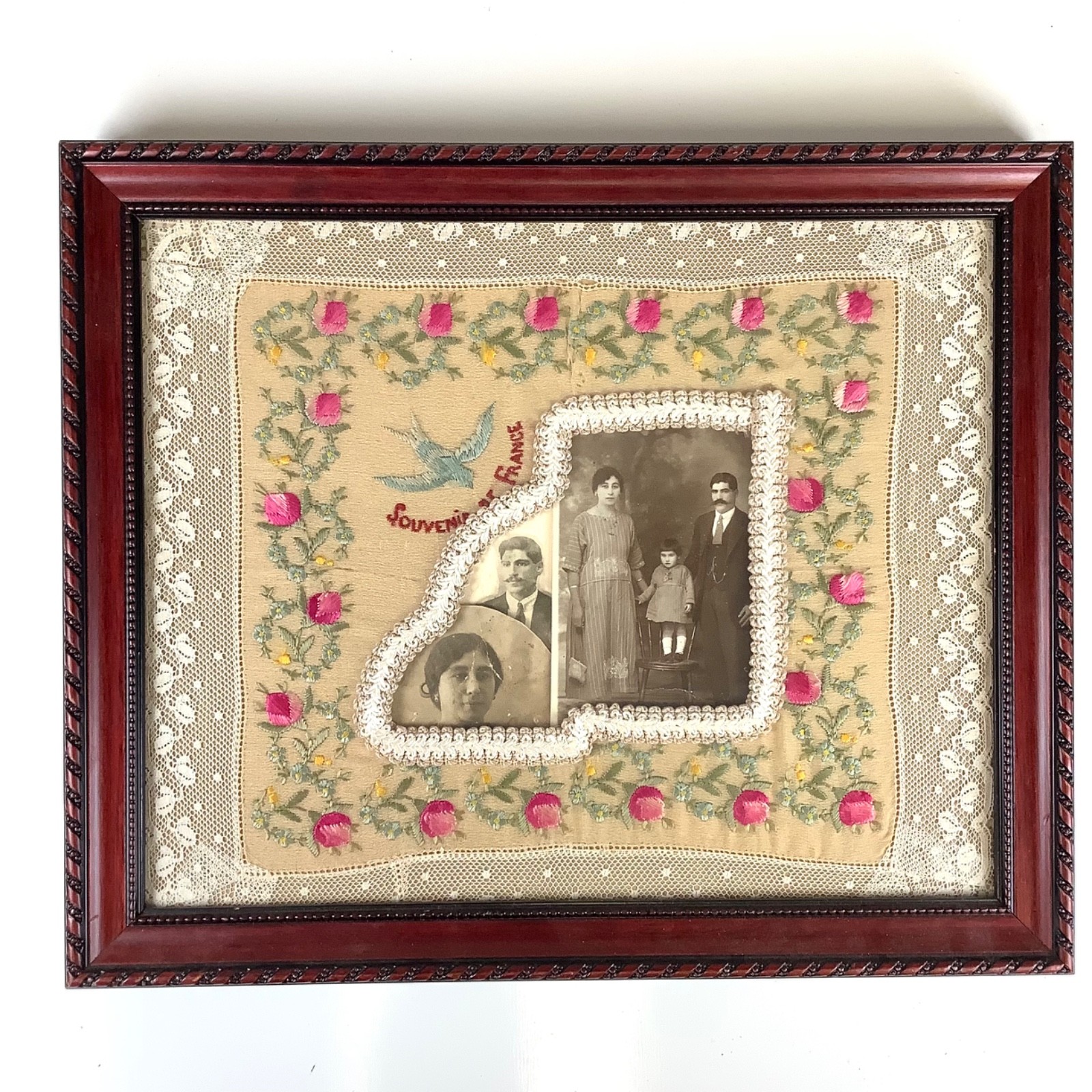 Antique French Silk Linen Floral Embroidery Lace Photo Framed Souvenir of France
