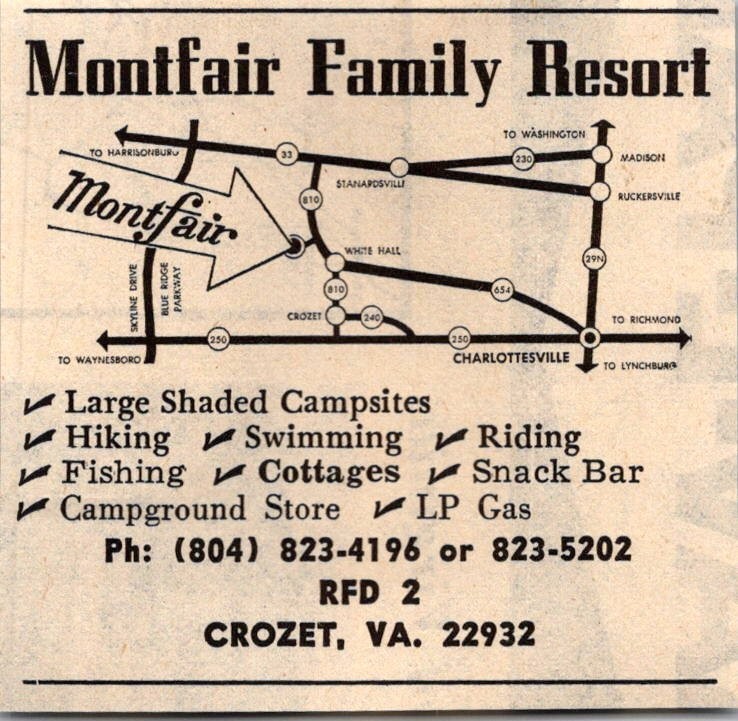 Montfair Family Resort Large Shaded Campsites Hiking Crozet VA 1974 Ad TAK6-S92