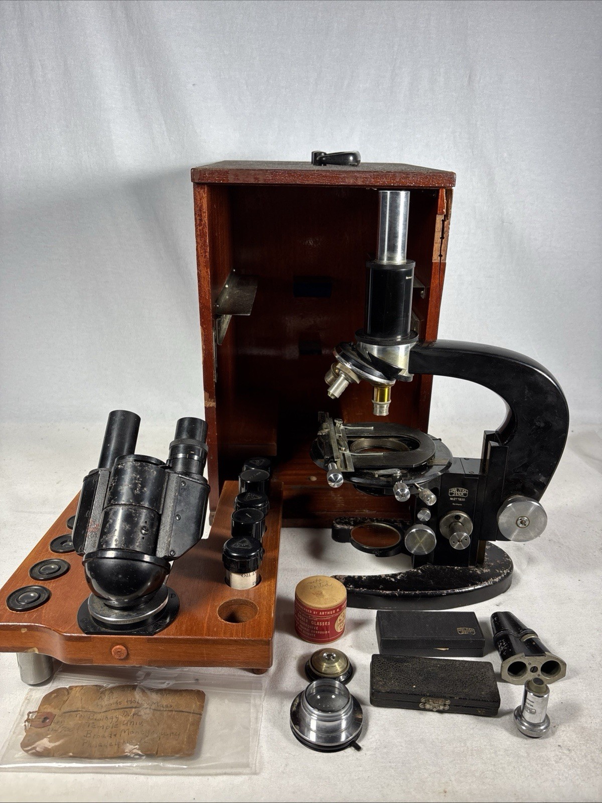 Vintage CARL ZEISS JENA Microscope extra Lenses, Eyepieces Wood Case *Read Desc