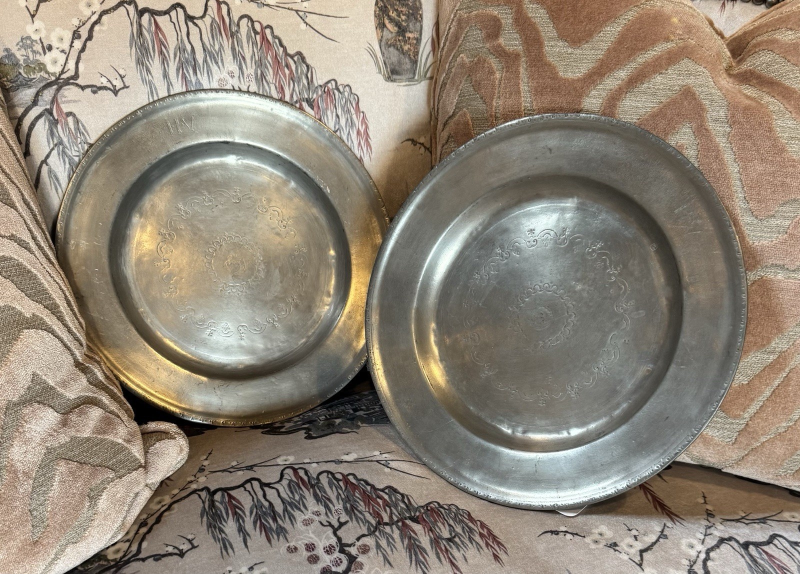 Pair Of Fine Older PEWTER CHARGERS With Engravings & Monogram 11.25” Tabellini
