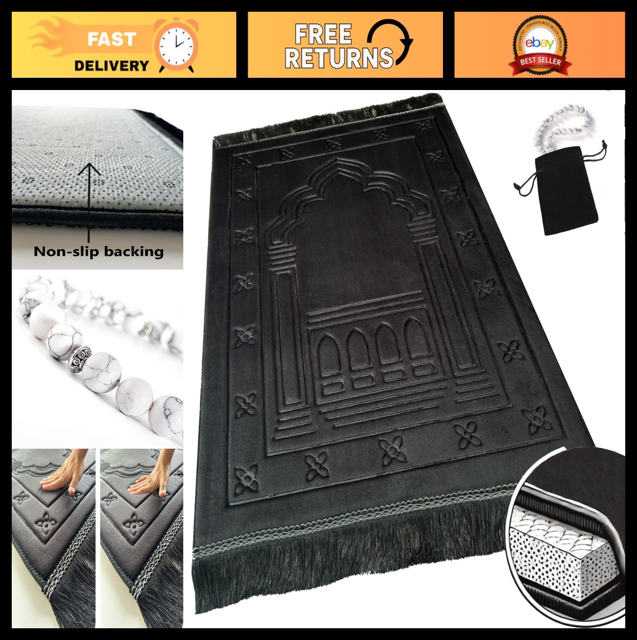 Orthopedic Memory Foam Prayer Rug - Thick Padded Sajadah for Men & Women, Soft L
