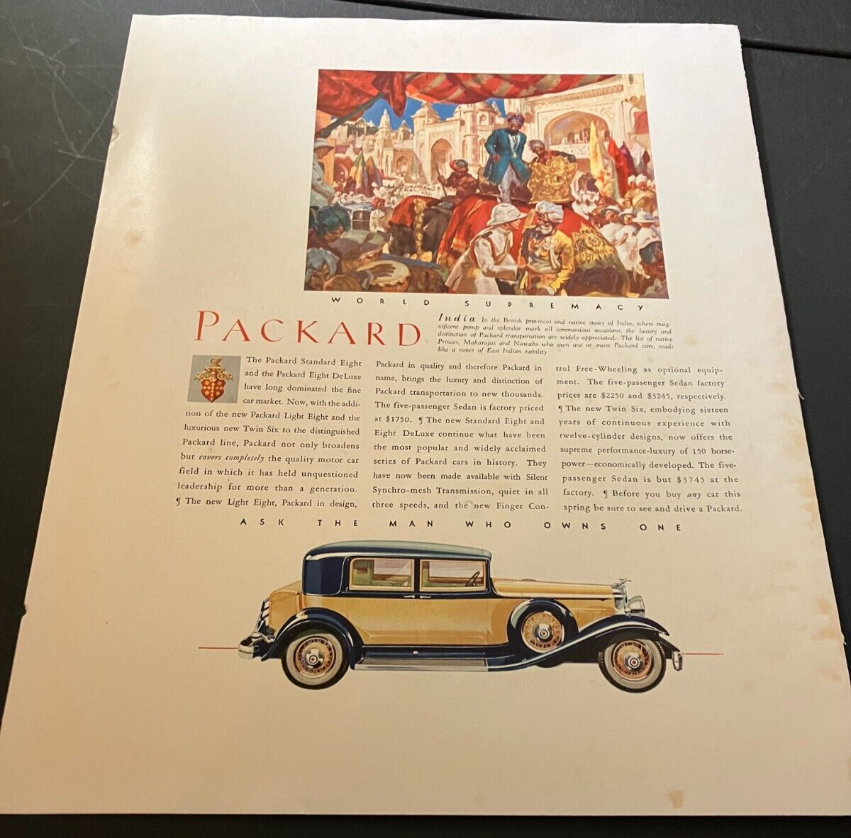 1932 Packard Eight in India - Vintage Original Illustrated Print Ad / Wall Art