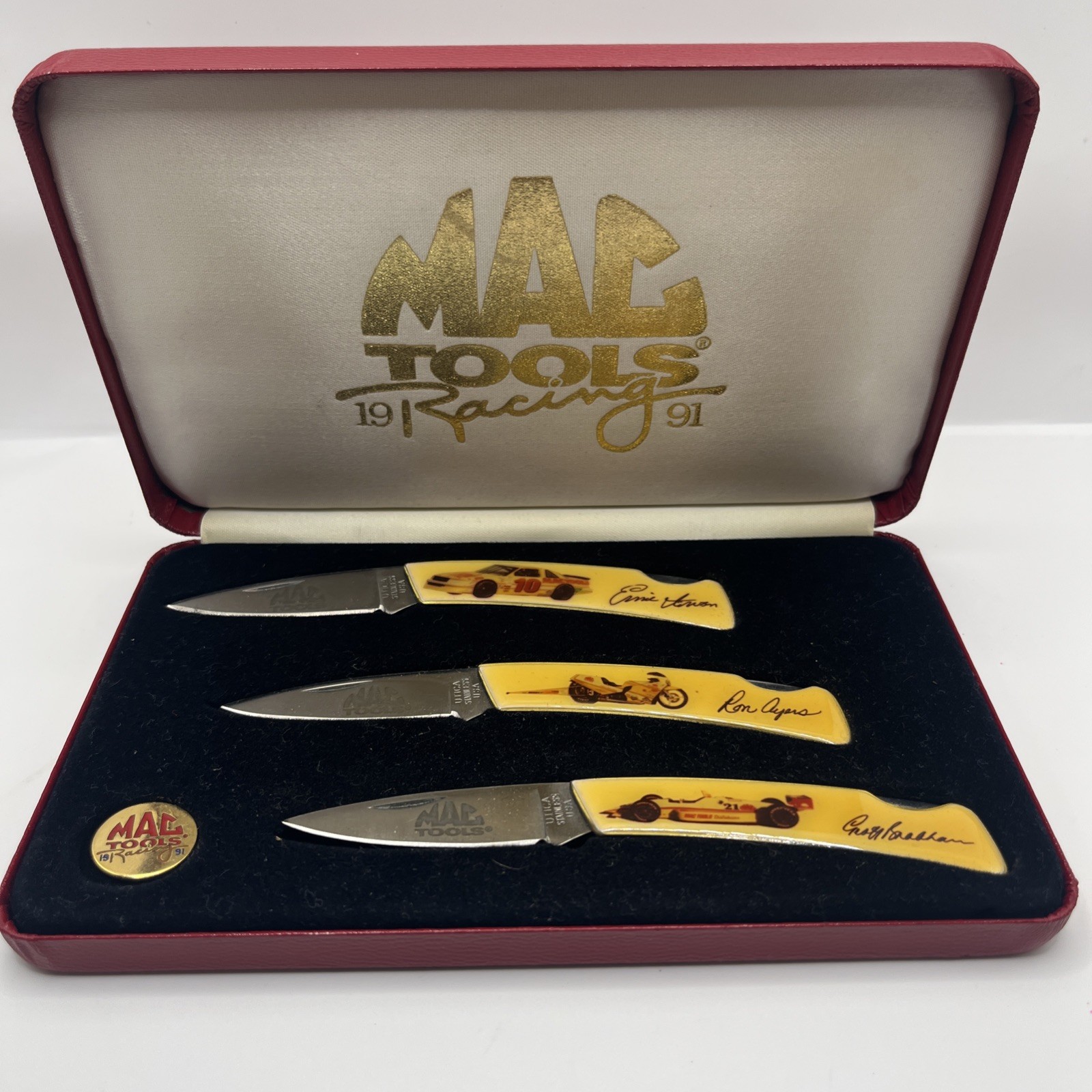 Vintage 1991 Mac Tools Racing Commemorative Lockback Trio Knife Set COA Pin 1698