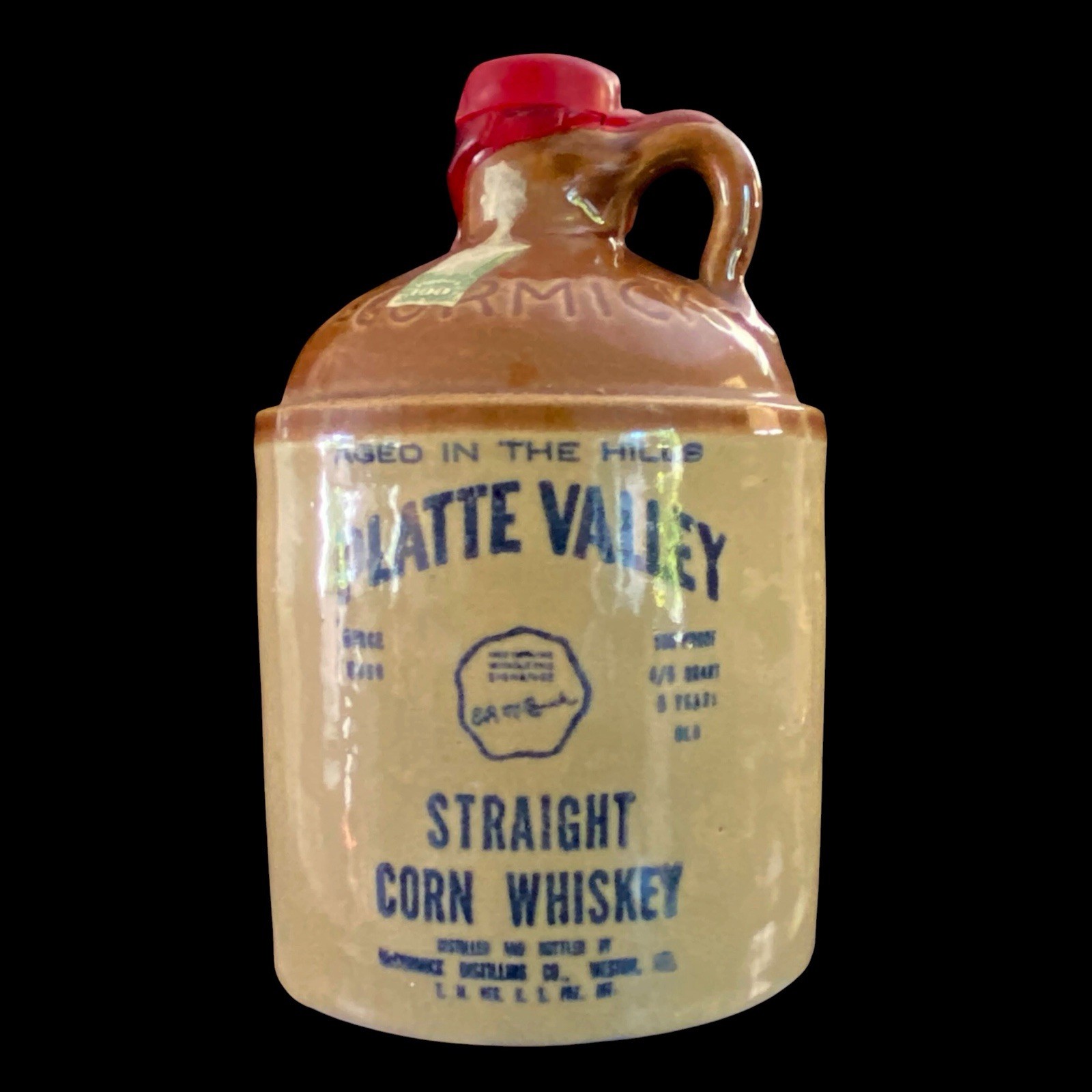 VTG McCormick Distilling Platte Valley Corn Whiskey Crock Red Wax Seal Tax Stamp