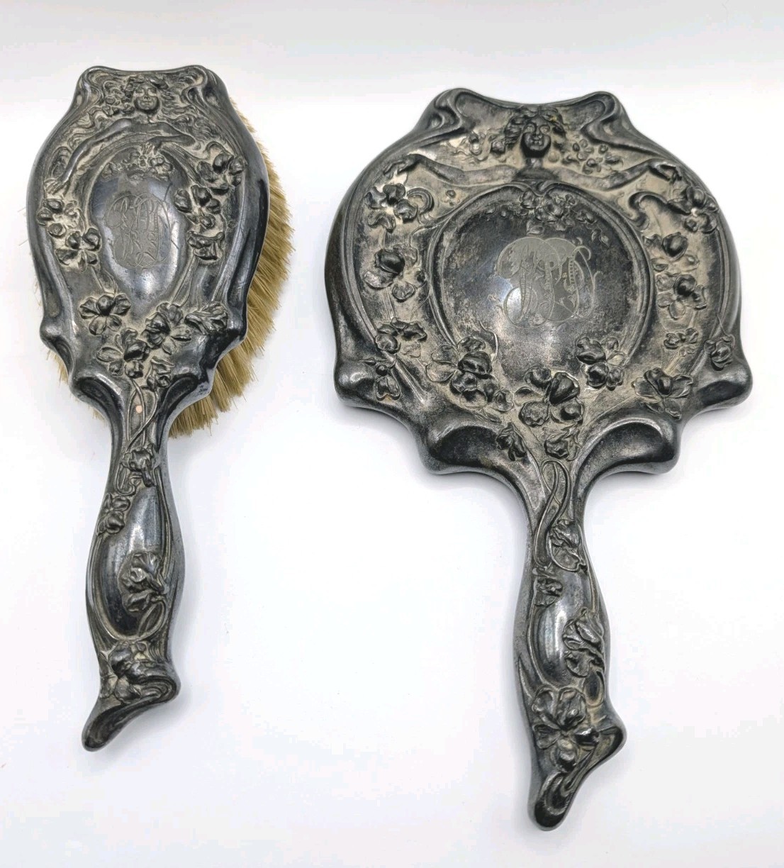 Antique Art Nouveau Silver Plated Vanity Set 1900s Mirror & Brush 