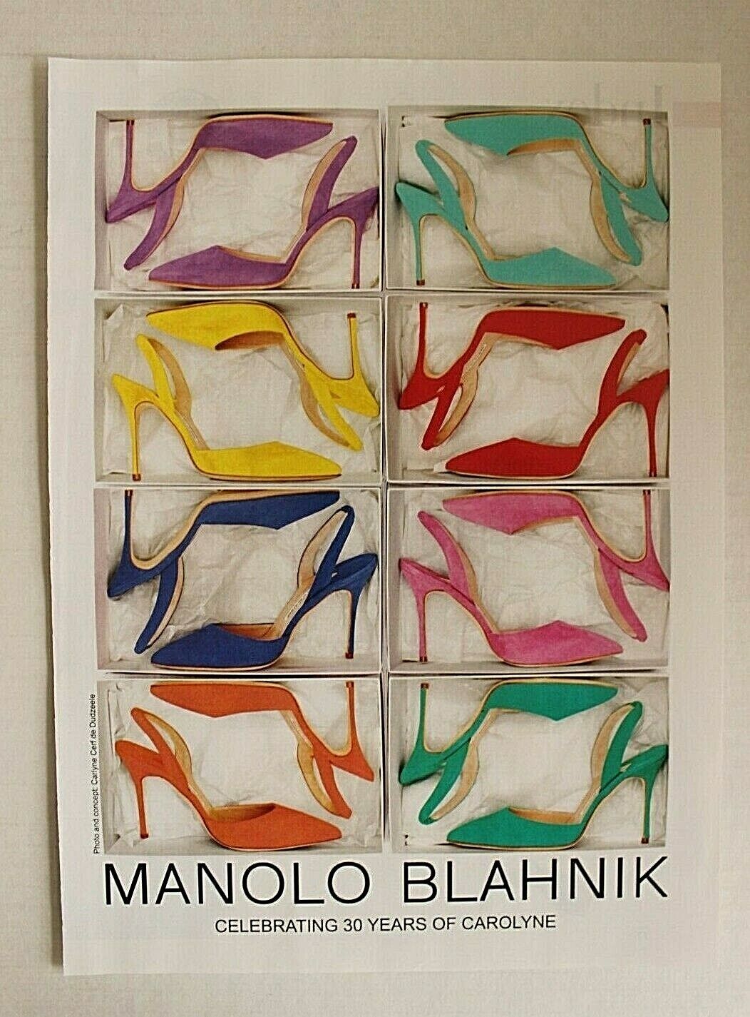 Manolo Blahnik 30yrs of Carolyne Colorful Strappy Heels In Boxes 2016 Print Ad