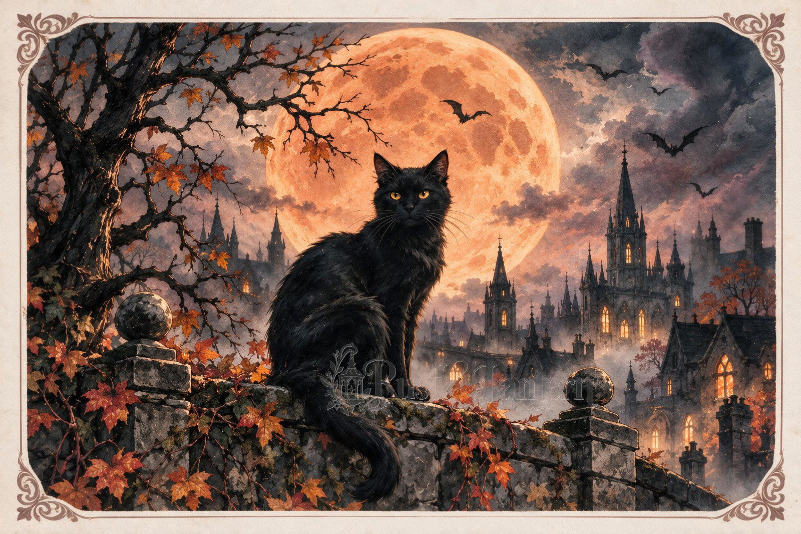 Moon Cat Halloween Postcard 4x6 Gothic Art Rust & Lantern Original
