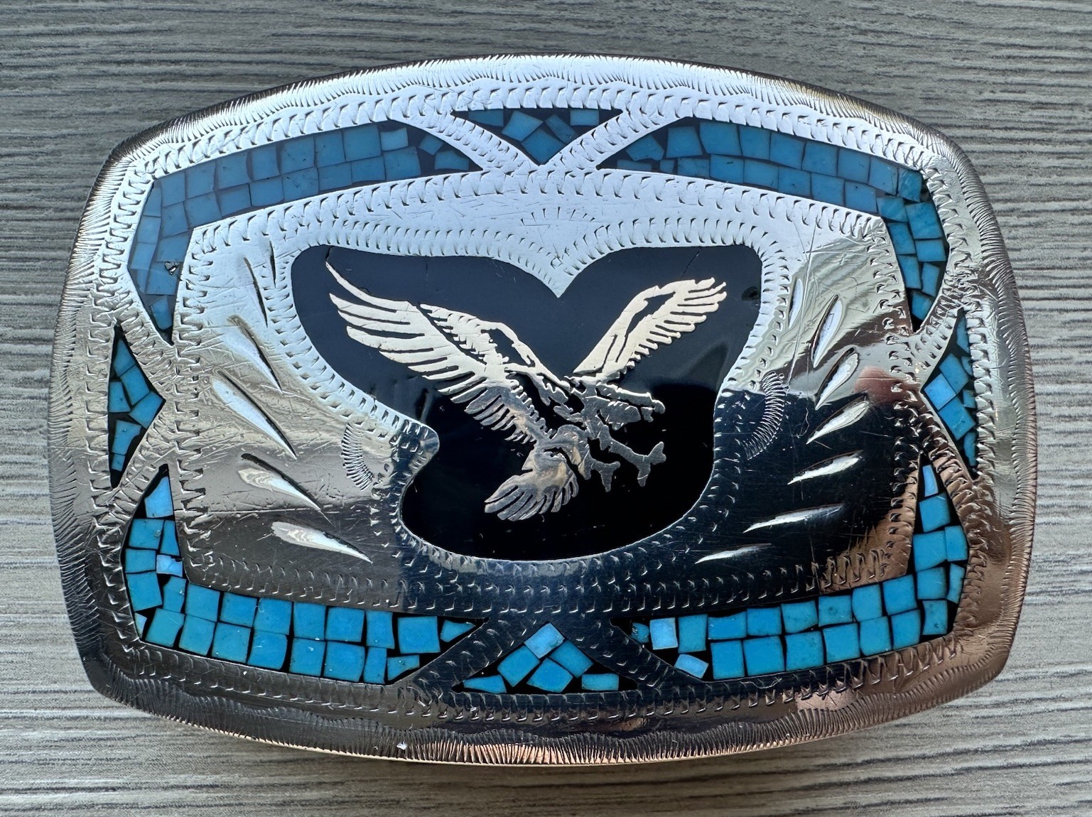 Vtg Turquoise Copper Eagle Inlay Buckle Handcrafted In USA  Xoot Of Denver 1970