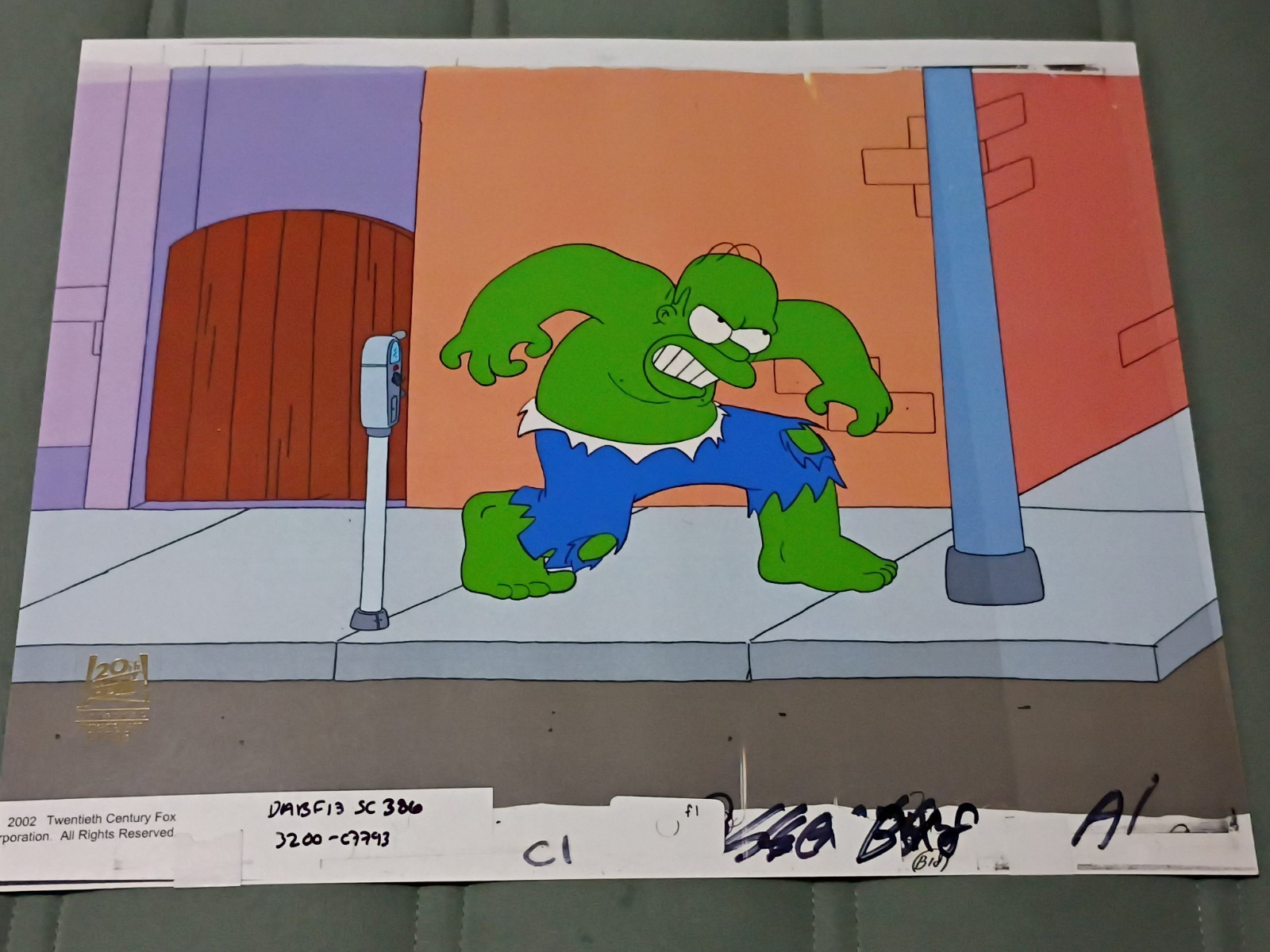 The Simpsons Cel Homer Simpson Cel Incredible Hulk I Am Furious Yellow w COA