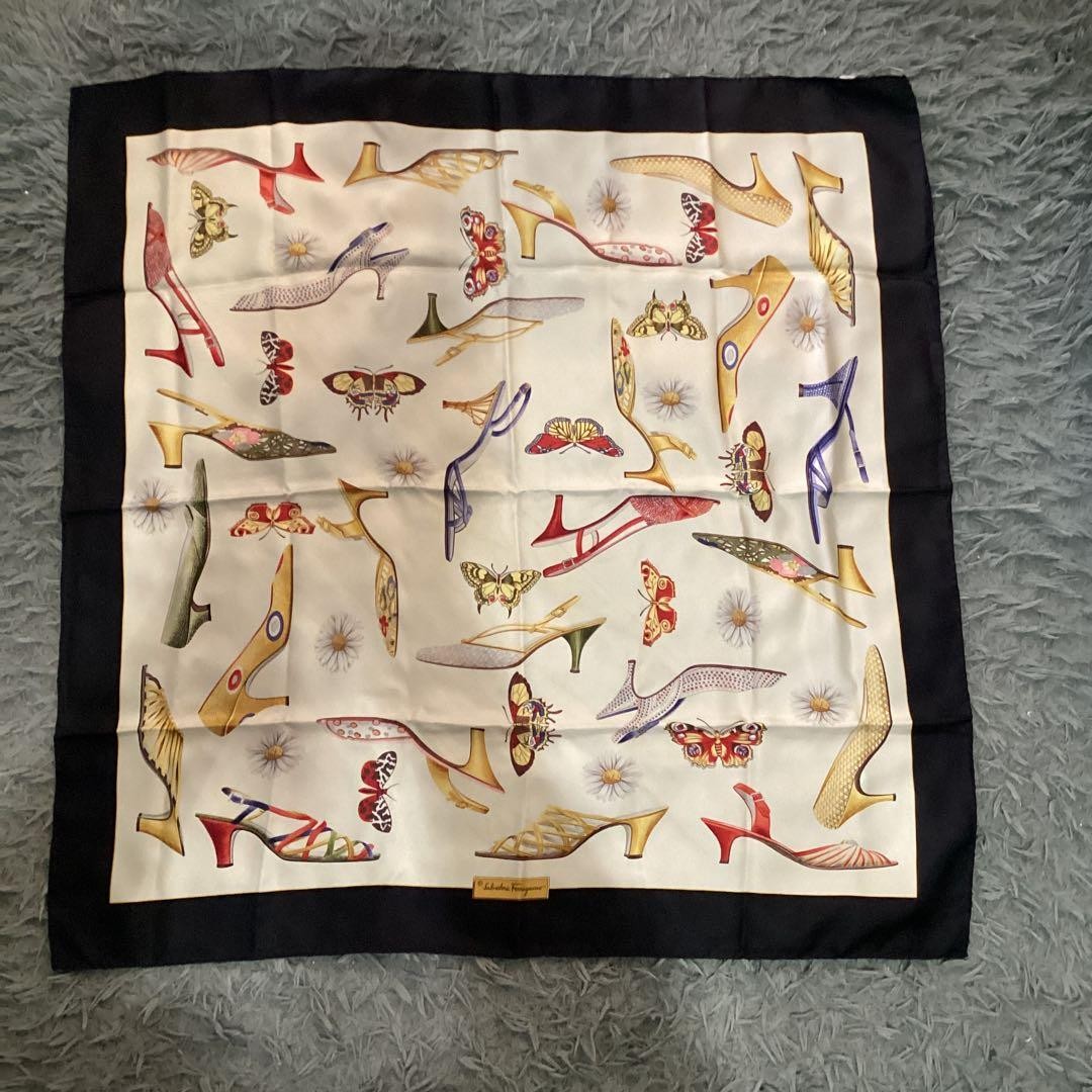 Salvatore Ferragamo Silk Pattern Scarf High Heels Butterfly 85Cm Women Rare Luxu