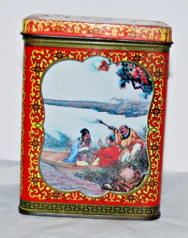Vintage Choicest Tea Tin Canister Hong Kong Litho Red Gold Chinese Landscape