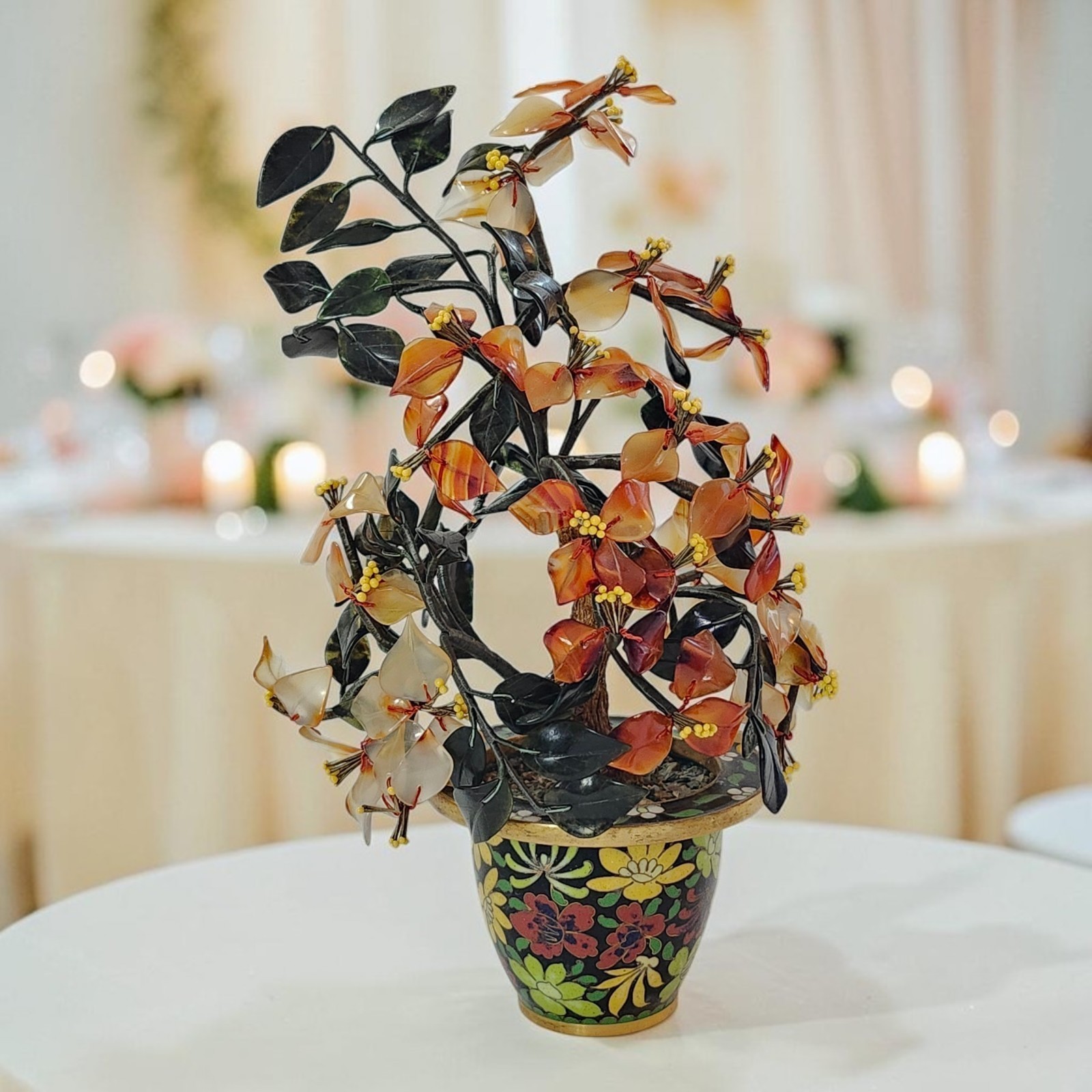 Vtg Carnelian & Nephrite Jade Bonsai Tree Floral Cloisonne Planter 9.5\