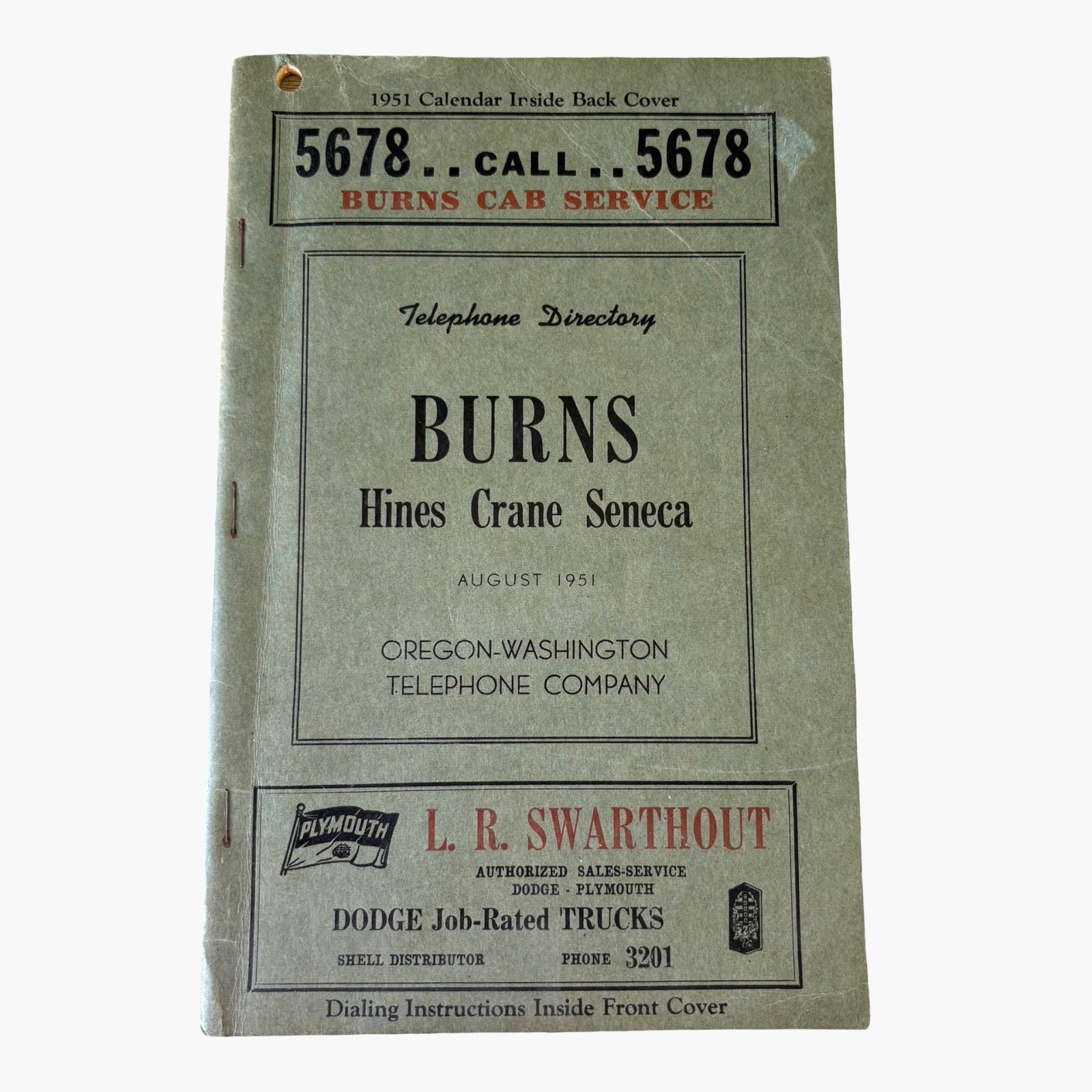 1951 BURNS Hines Crane Seneca OREGON Phone Book Vintage Telephone Directory