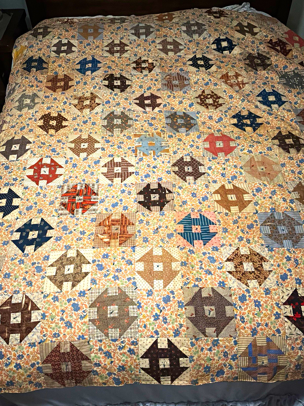 Vintage 1930s-40s Churn Dash Scrap Quilt 80x69 Cutter Feedsack Hand Pieced