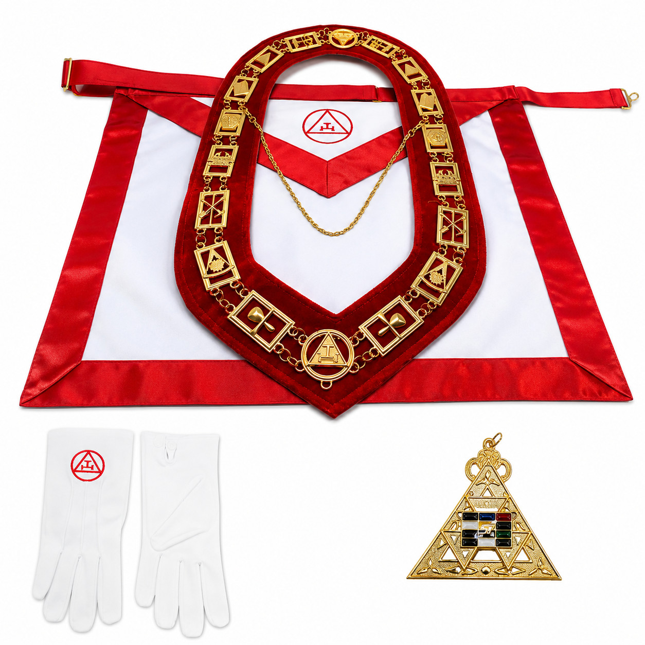 Masonic Royal Arch Chapter Regalia Apron Collar Jewel Gloves 4PC Set