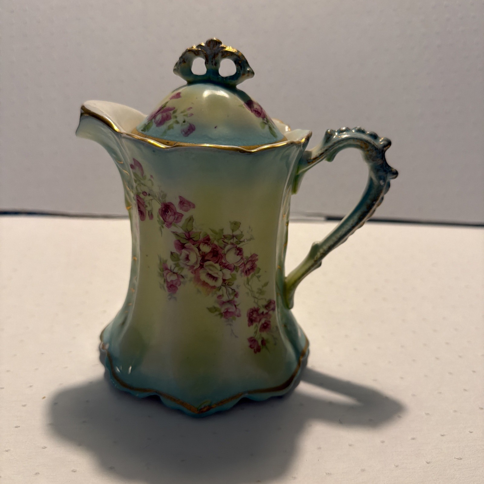 Vtg German Porcelain Lidded Chocolate Pot With Floral Decorations EC