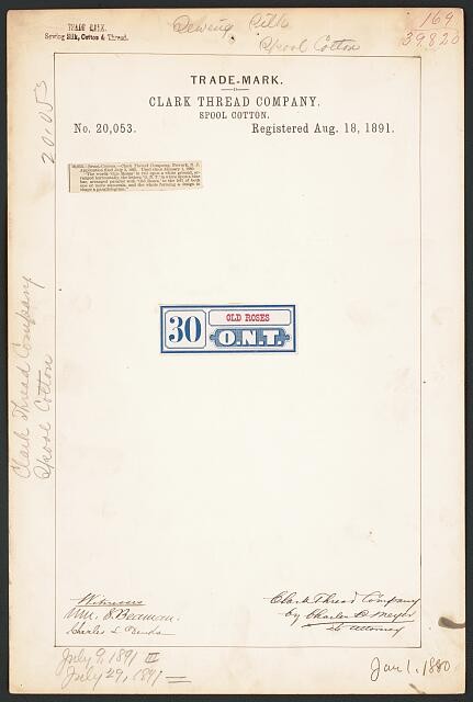 Photo:Clark Thread Company Old Roses O.N.T Spool Cotton Trademark 1891