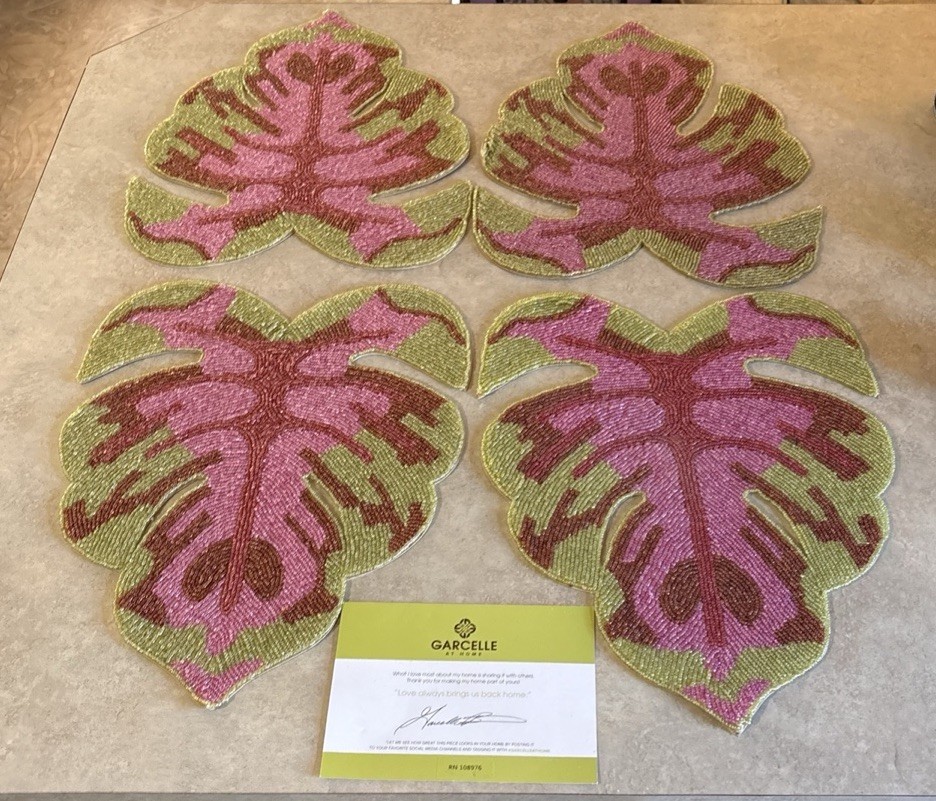 4pc Set Tropical Palm Monstera Leaf BEADED Placemats / Chargers NEW