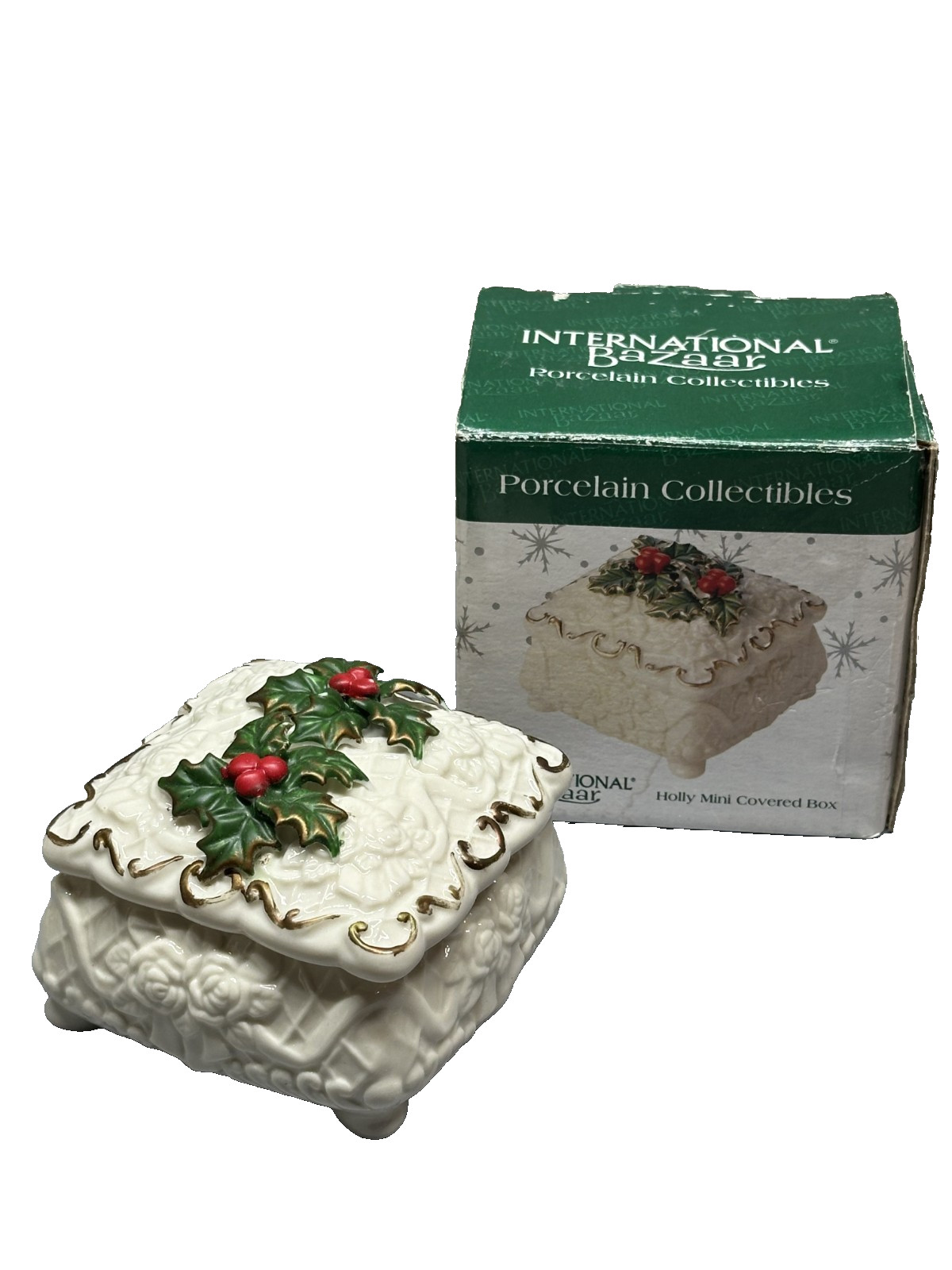 Vintage International Bazaar Porcelain Collectible - Holly Mini Covered Box