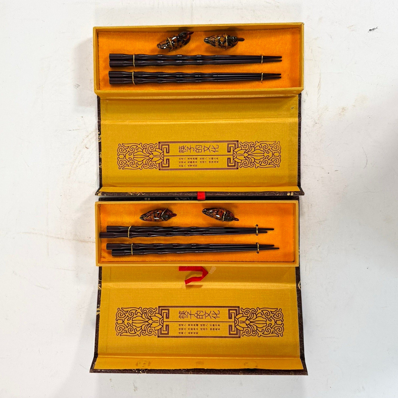 Vintage Chinese Chopstick Set 2 Pairs 4 Bird Duck Rests Silk Gift Boxes