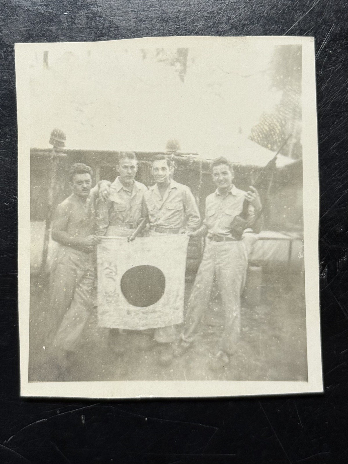 Original WW2 photo US troops posing w/ Captured Japanese Flag pacific WWII