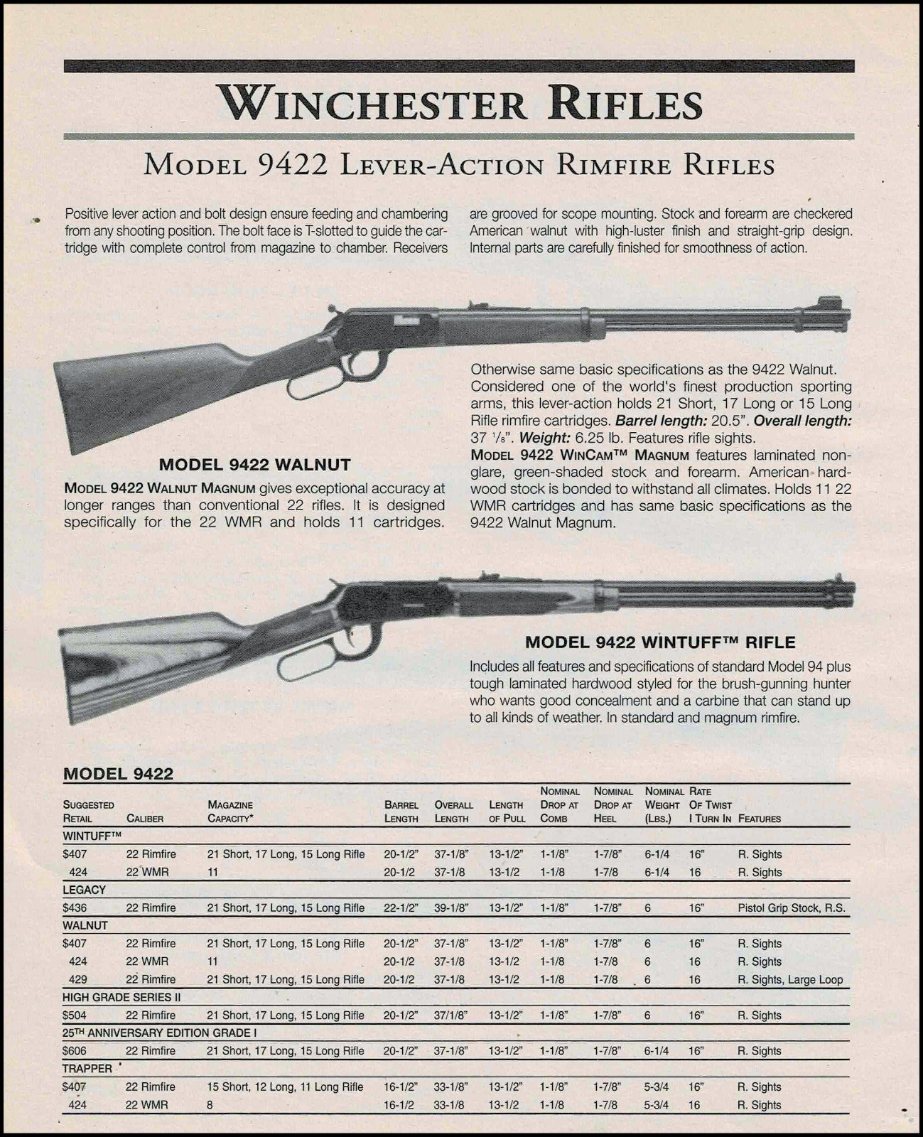 1999 WINCHESTER 9422 Walnut & Wintuff Lever Rimfire Rifle PRINT AD  w/specs