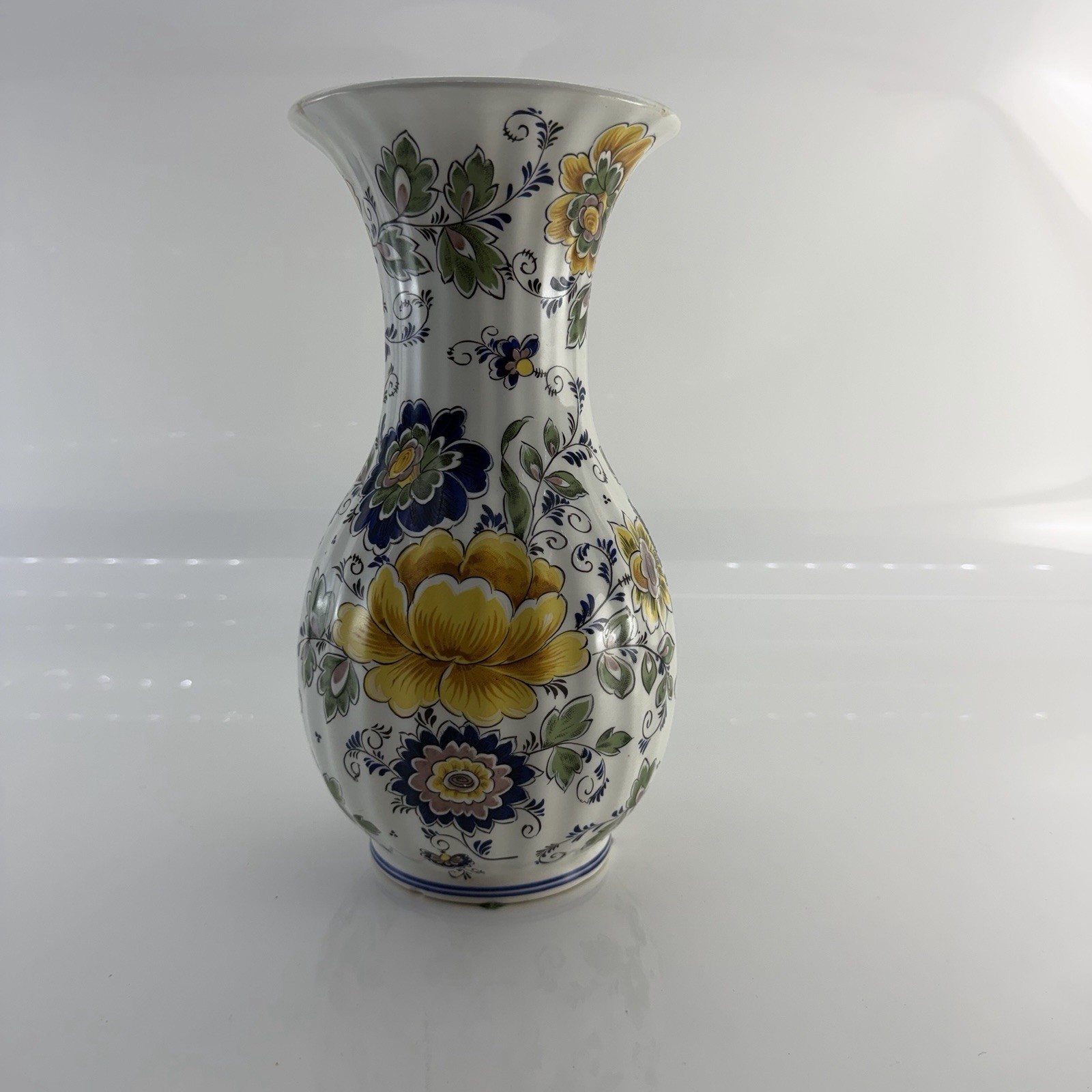 Vintage Ardalt Primavera Floral Vase Hand Painted Italy Blue Yellow 12”