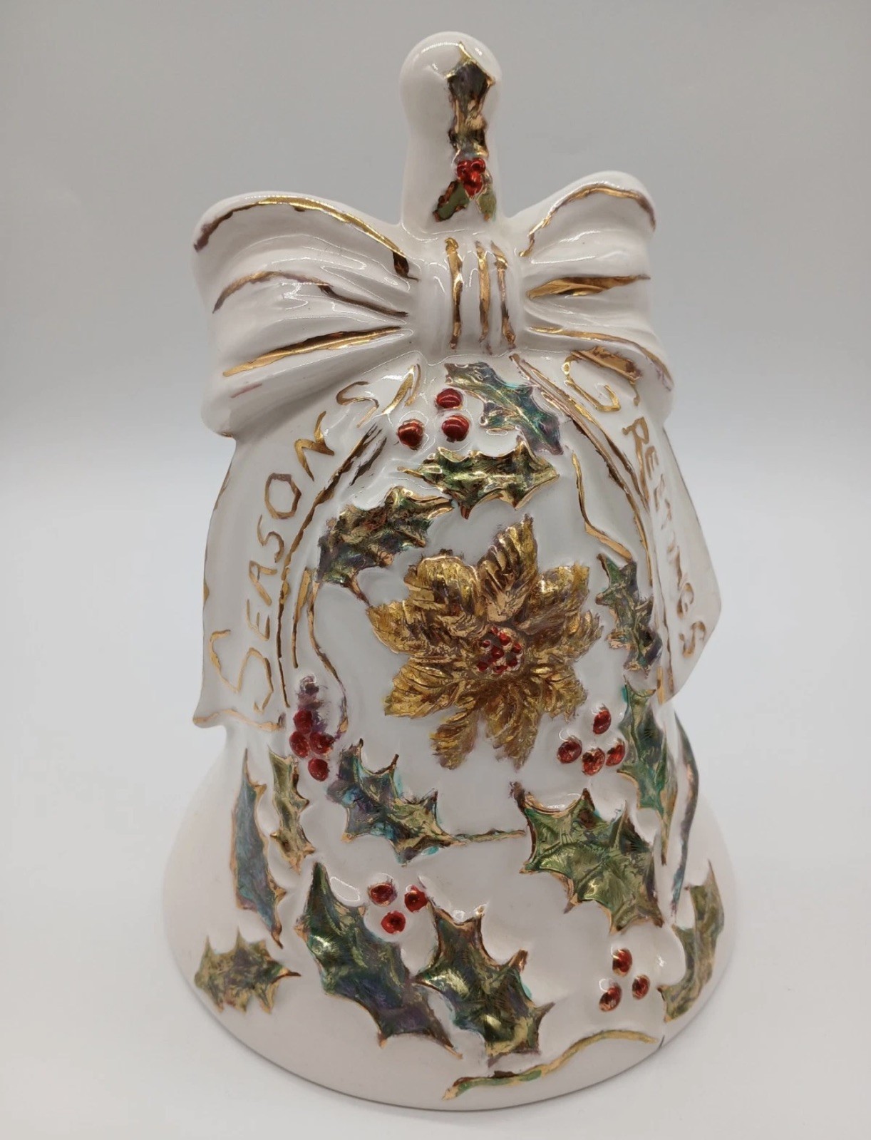 Vintage 1970\'s Christmas Seasons Greetings Large Bell Decoration Handpainted 