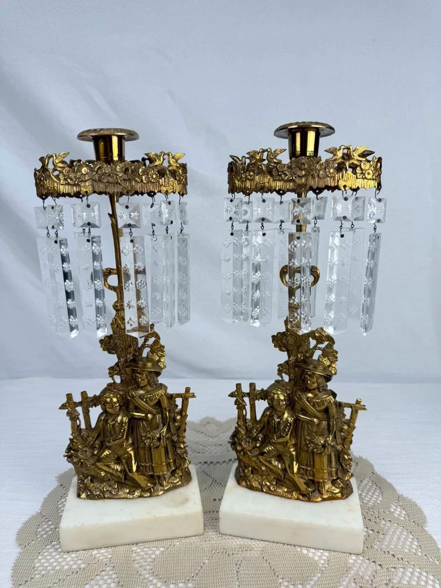 Antique Pair Girandole Candlesticks Crystal Prisms Marble Bases 14.5\