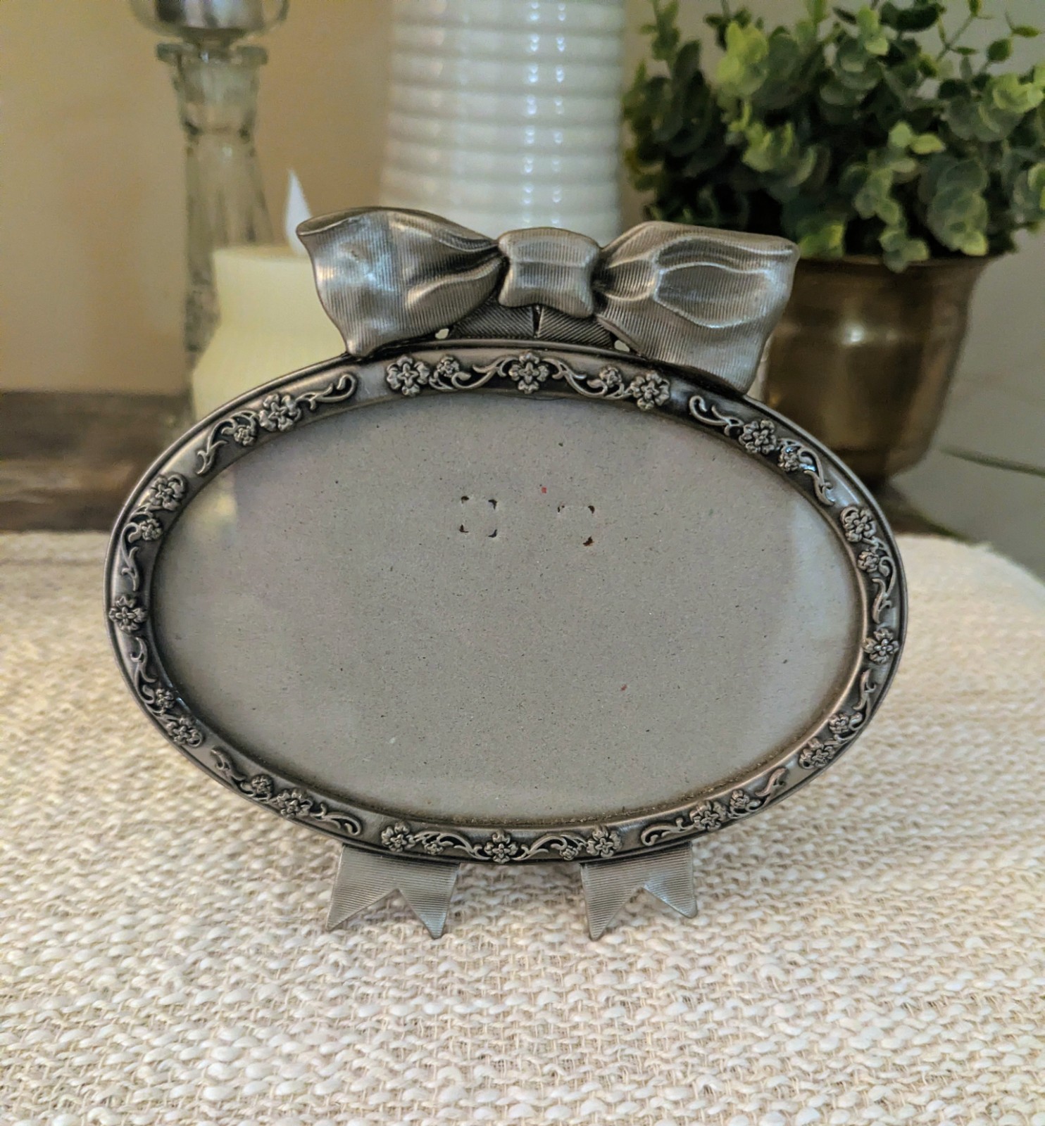 Vintage Pewter Tone Oval Picture Frame Ornate Floral Bow Ribbon