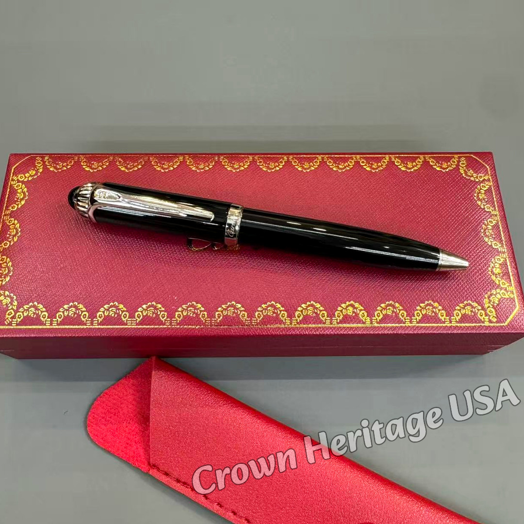 CARTIER Black Lacquer Rollerball Pen Silver Tone Trim Luxury Writing Pen w/ Box
