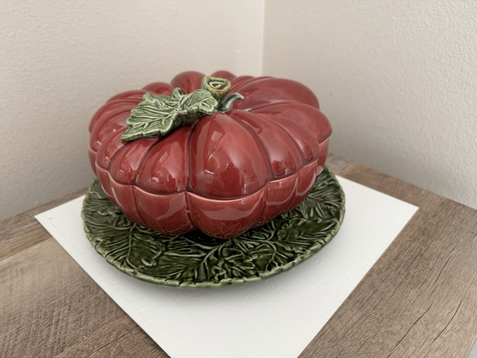 Vintage Jose Alvaro Caldas Olfaire Art Pottery Soup Tureen & Plate Pumpkin Vines