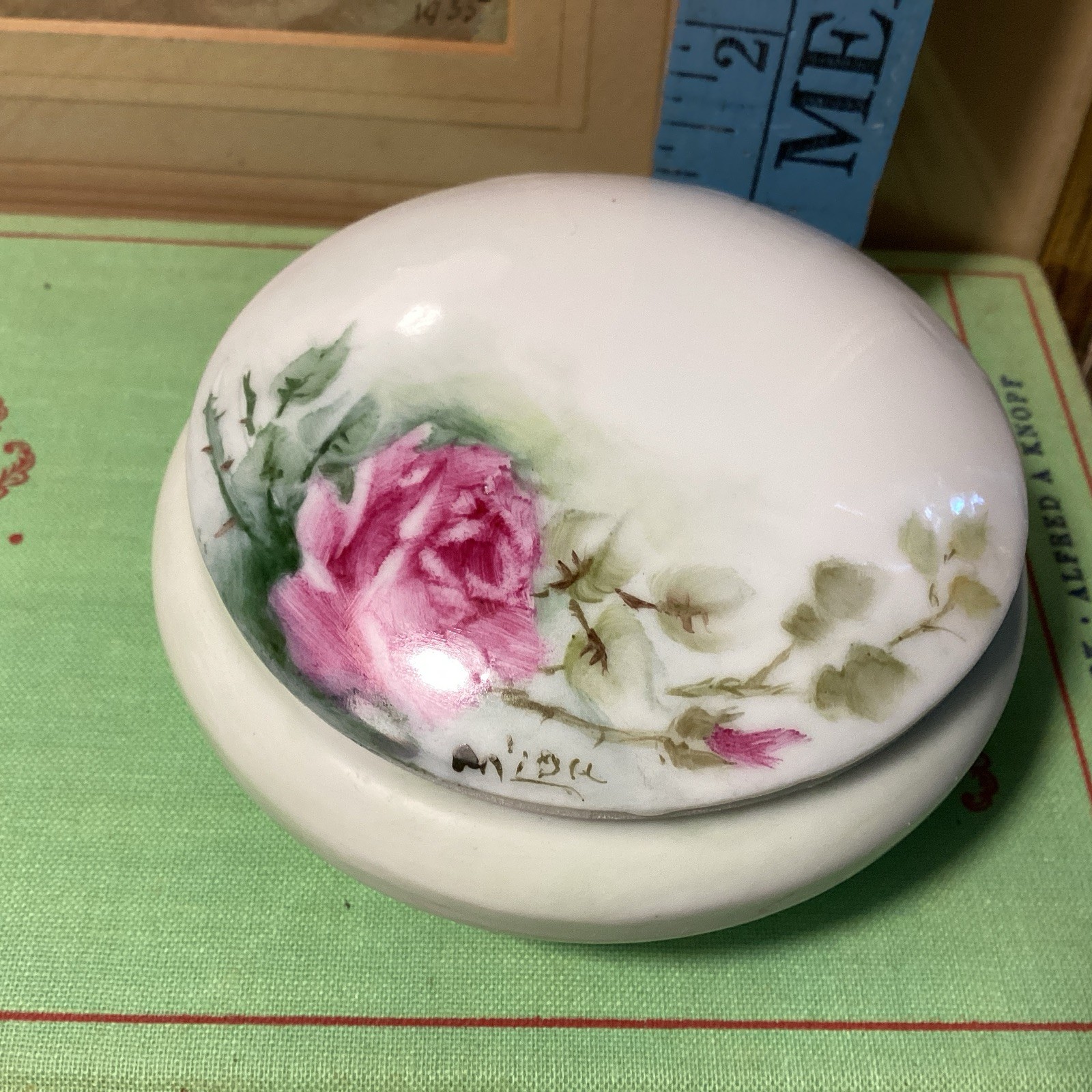 Vtg Hand Painted Porcelain Trinket Box Jewelry Signed Dresser Gift Box Floral 3”