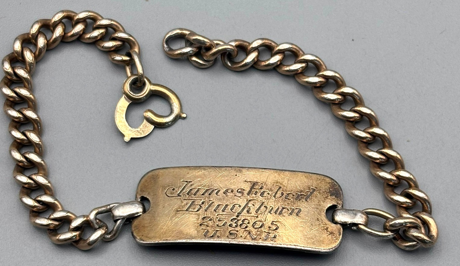 WWII 1/20 12K Gold Navy Named & Numbered I.D. Bracelet With J-Hook by Forstner