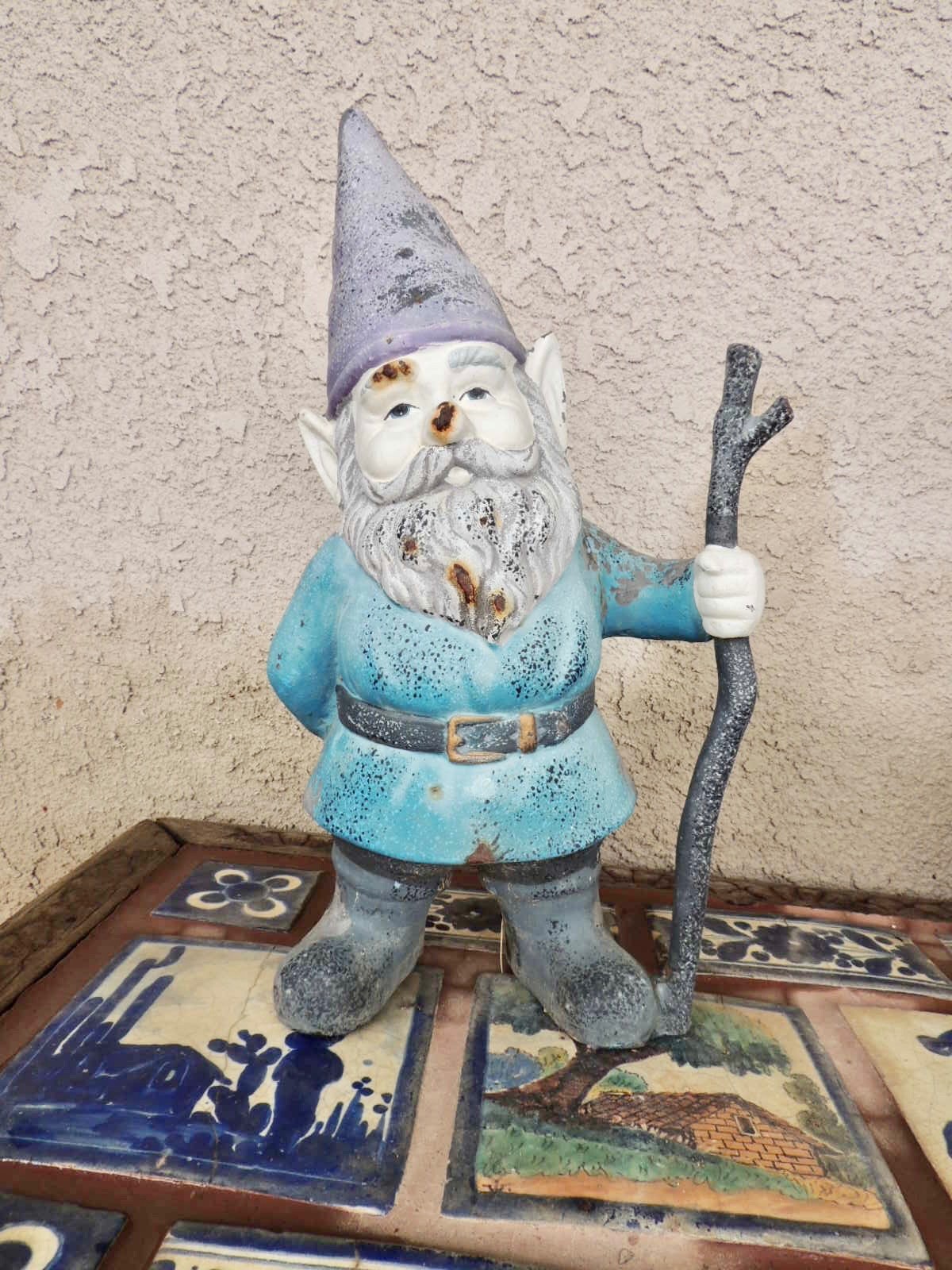 Vintage Mid Century Cast Iron Gnome w/ Walking Stick  15\