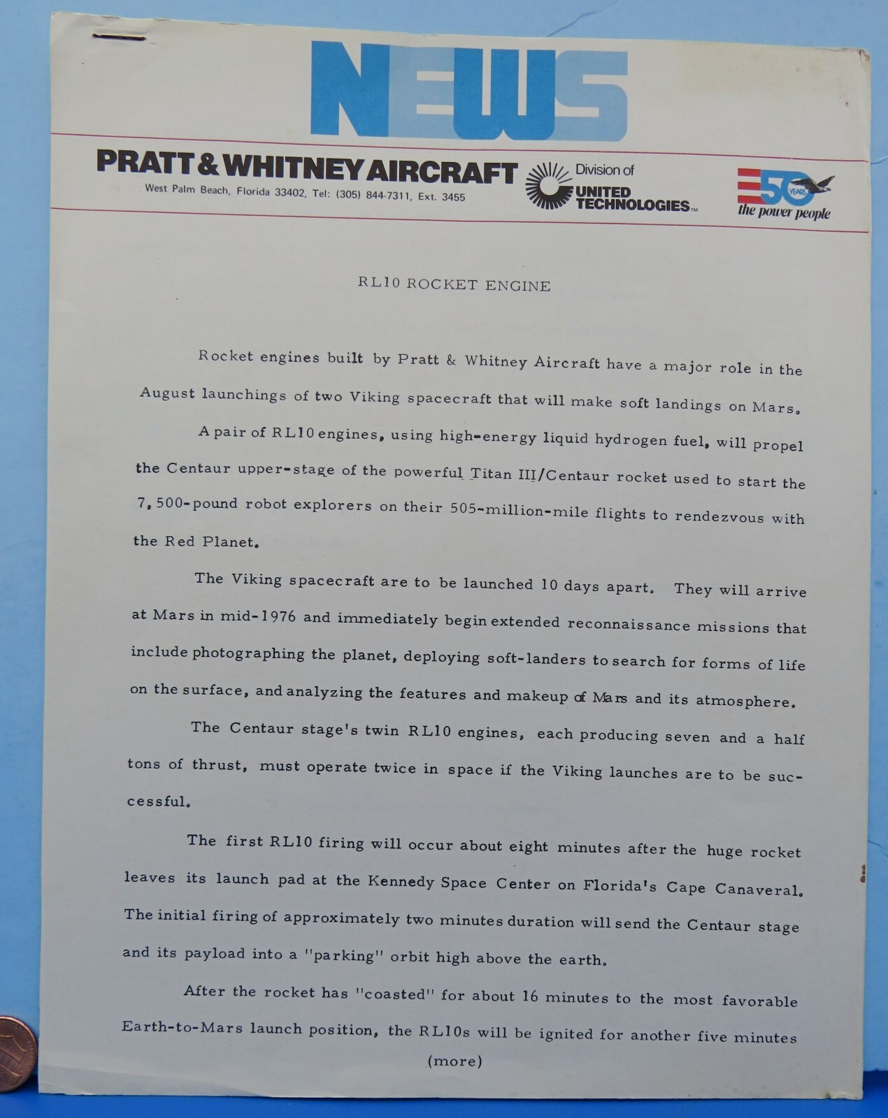 NASA Pratt & Whitney PRESS Release vtg MARS Viking Rocket Engines RL10 AIRCRAFT