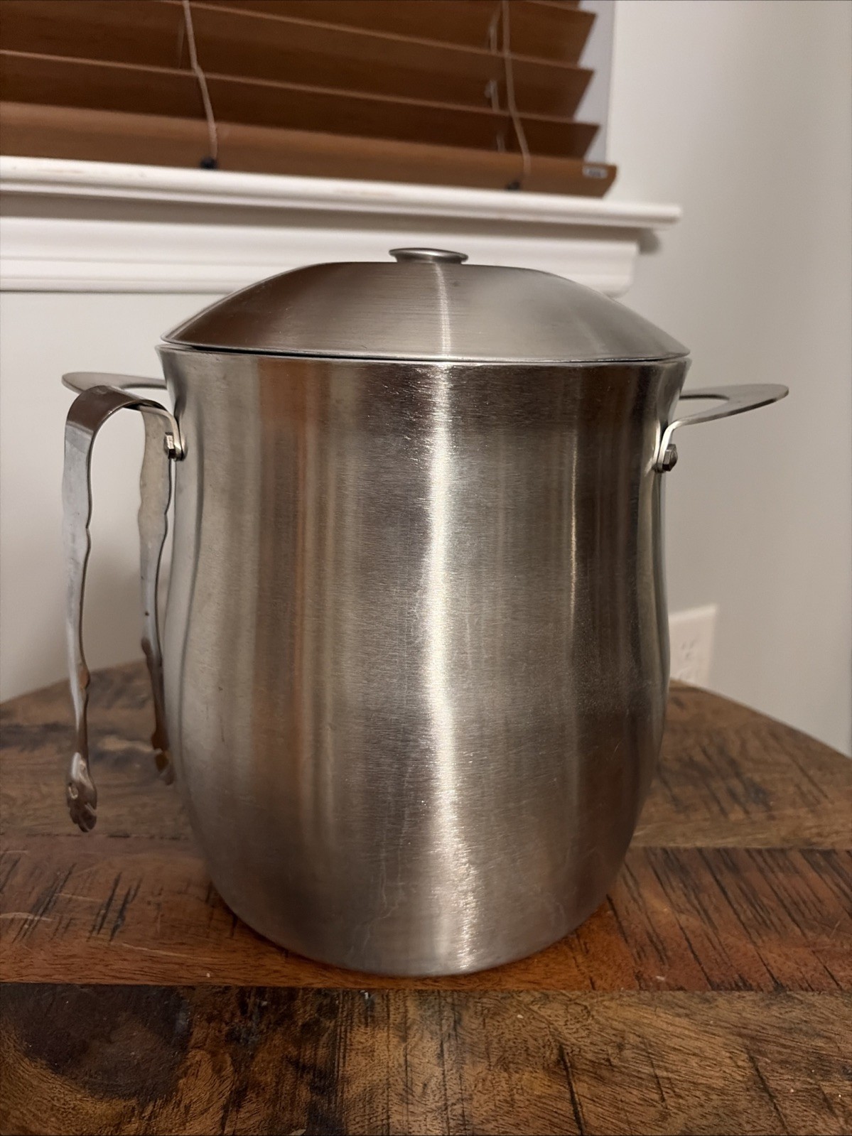 Vintage Stainless Steel Ice Bucket MCM Style With Nice Tongs 10”H X 11”W
