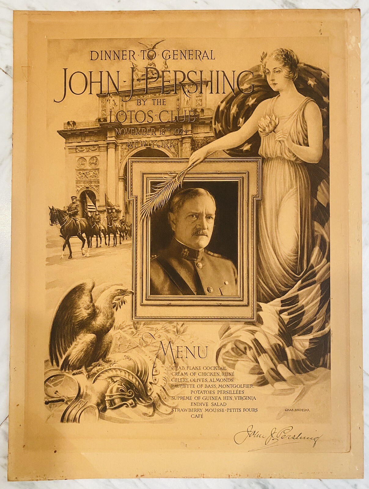 General John J Pershing - Lotos Club Menu ~ November 1924 Original Authentic