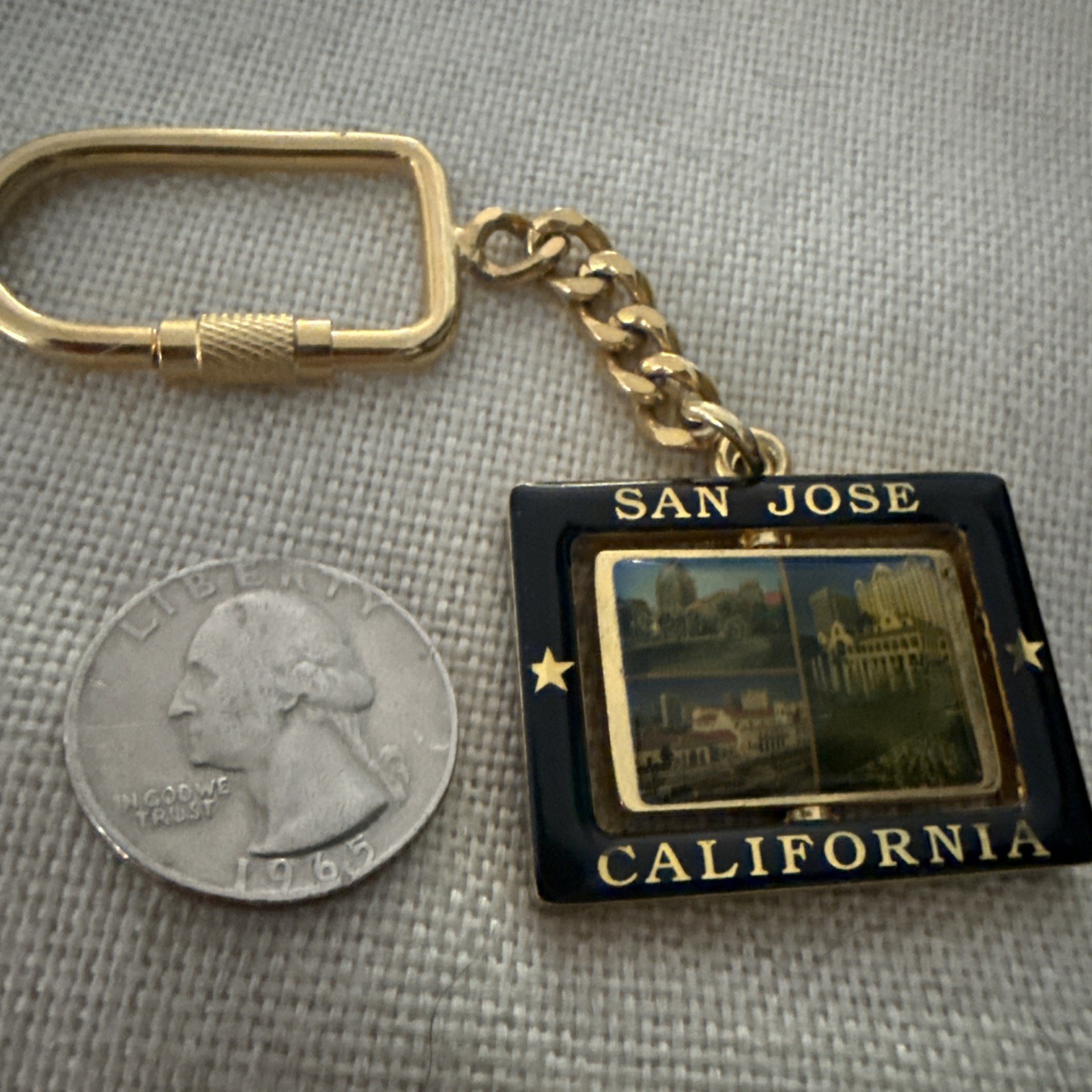 Vintage San Jose California Spinner Keychain Photo Scenery Gold Tone Heavy 34g