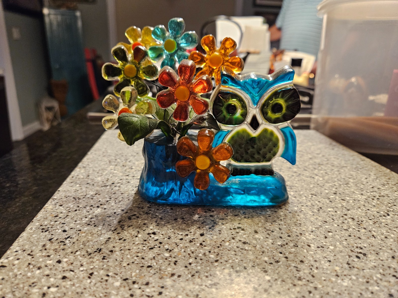1970\'s Lucite Owl Figurine Flower Bouquet Sculpture Resin MCM Groovy Kitschy