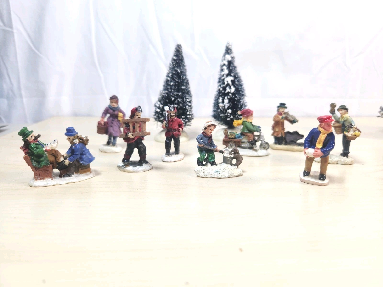 Lemax Christmas Village Accessory Lot Trees People Kids Firemen Paperboy 11pcs