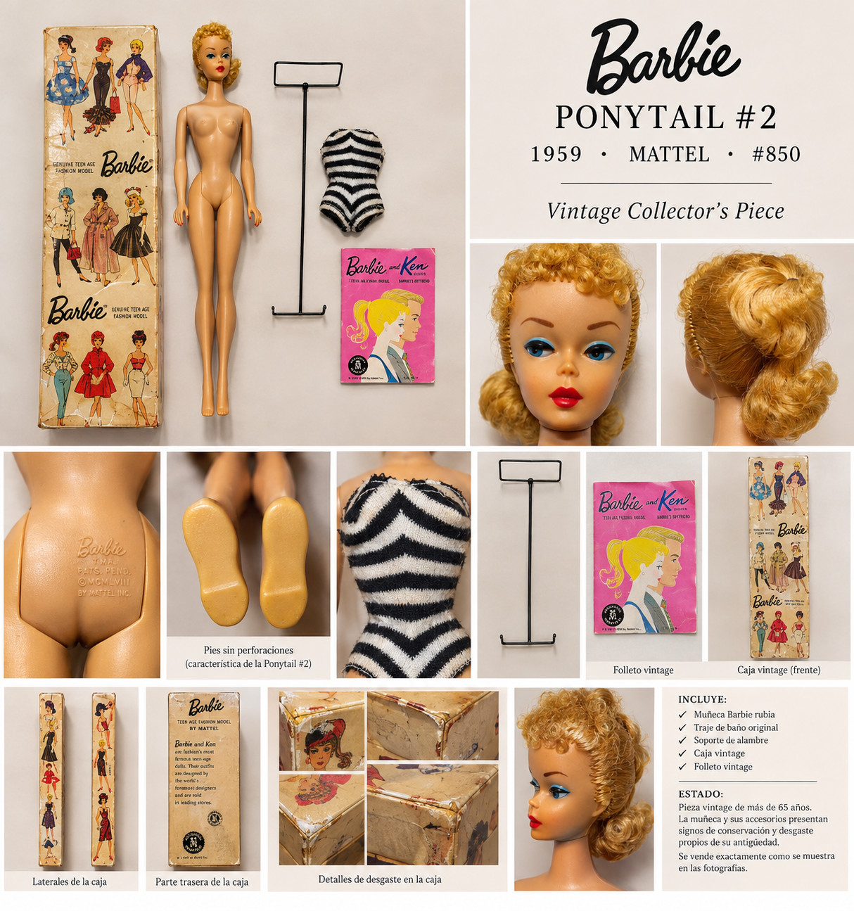 1959 Vintage Barbie Ponytail #2 Blonde #850 Mattel Japan with Box Stand & Bookle