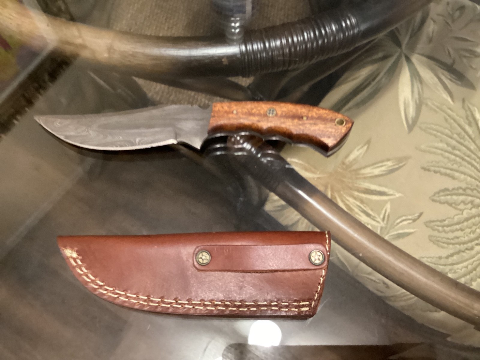 Custom Made Damascus & Wood Fixed Blade Knife Leather Sheath